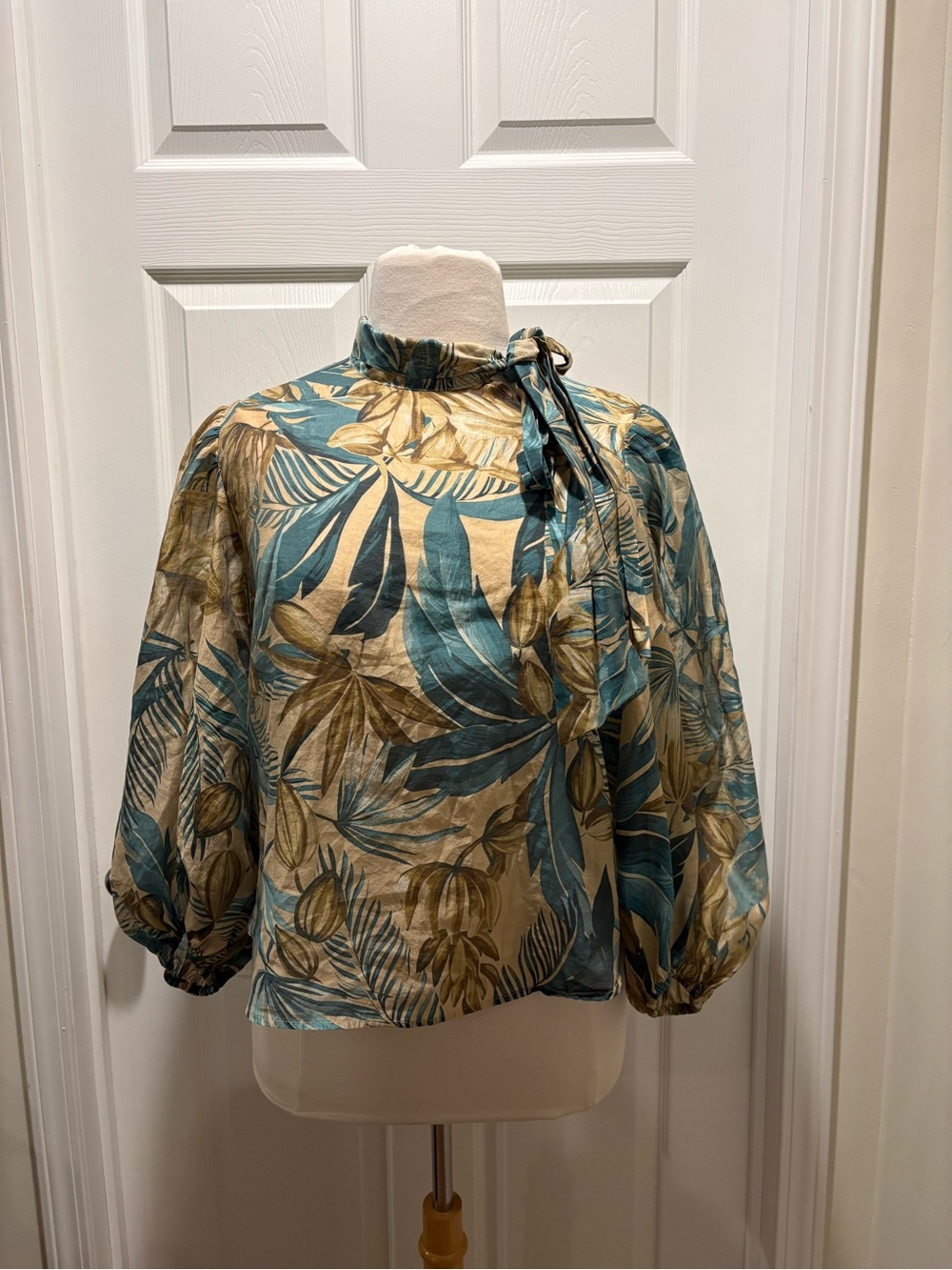 Marc New York Teal and Tan Botanical Tie-Neck Blouse
